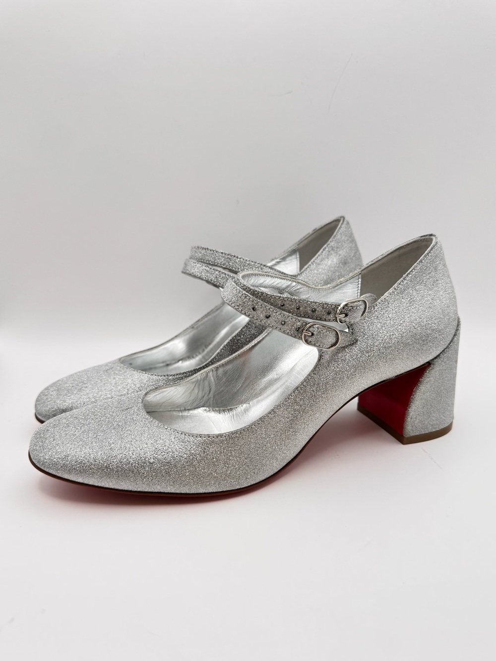 Christian Louboutin Mary Jane 55 Silver Glitter Mary Jane Pumps Size 38